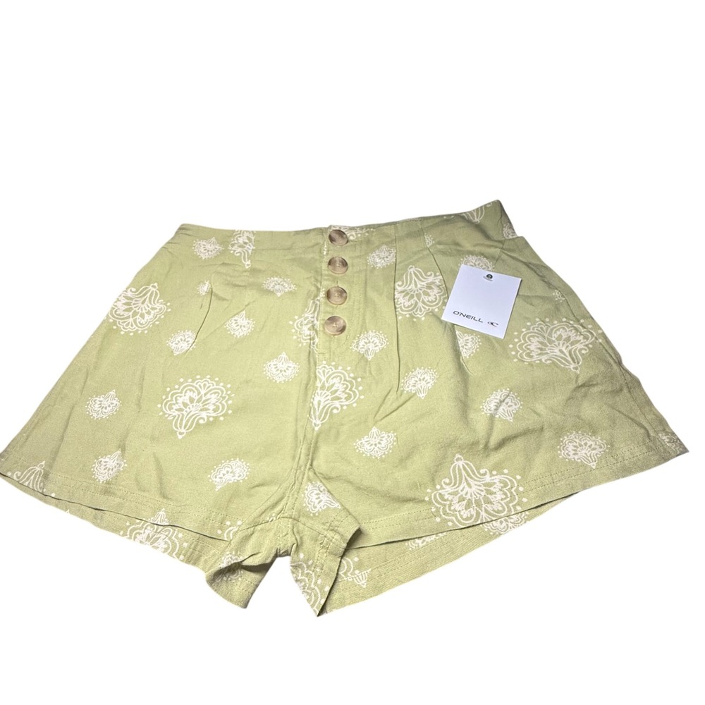 O'Neill Bexlie Lime Green Paisley Medallion High Waisted Button Fly Shorts 27 NW
